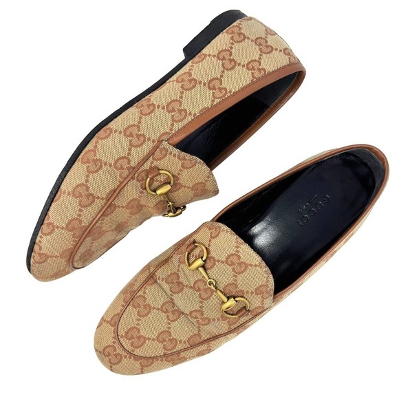 Gucci Loafers GG Logo Brown Supreme Gold Horsebit Canvas Jordaan Shoes EU‎ 36.5 - Picture 1 of 10